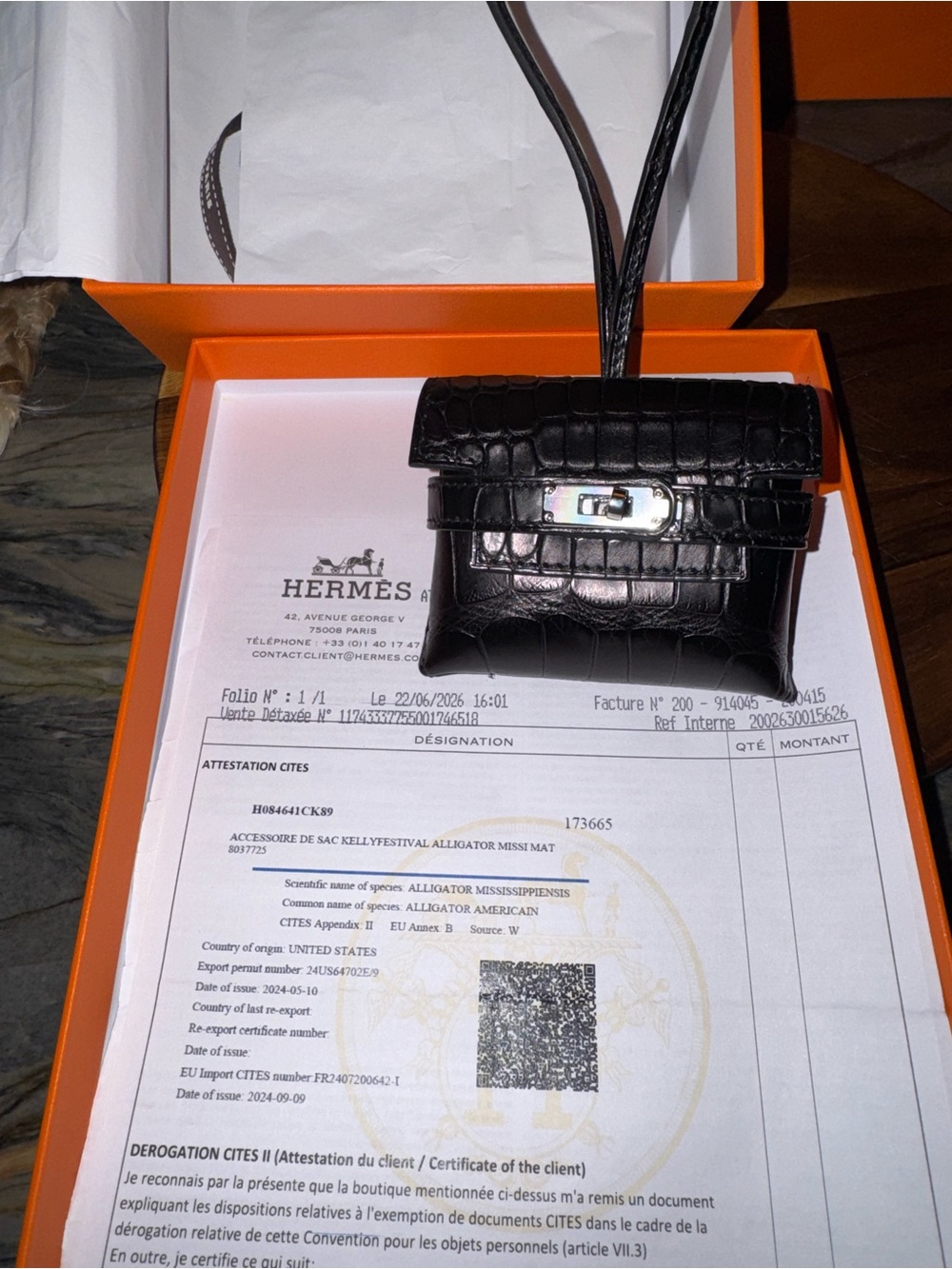 2026 Hermes Black Alligator Kelly Festival (Bag Charm & AirPods Case)